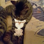 Katze spielt mit Häkelpuppe Murkl